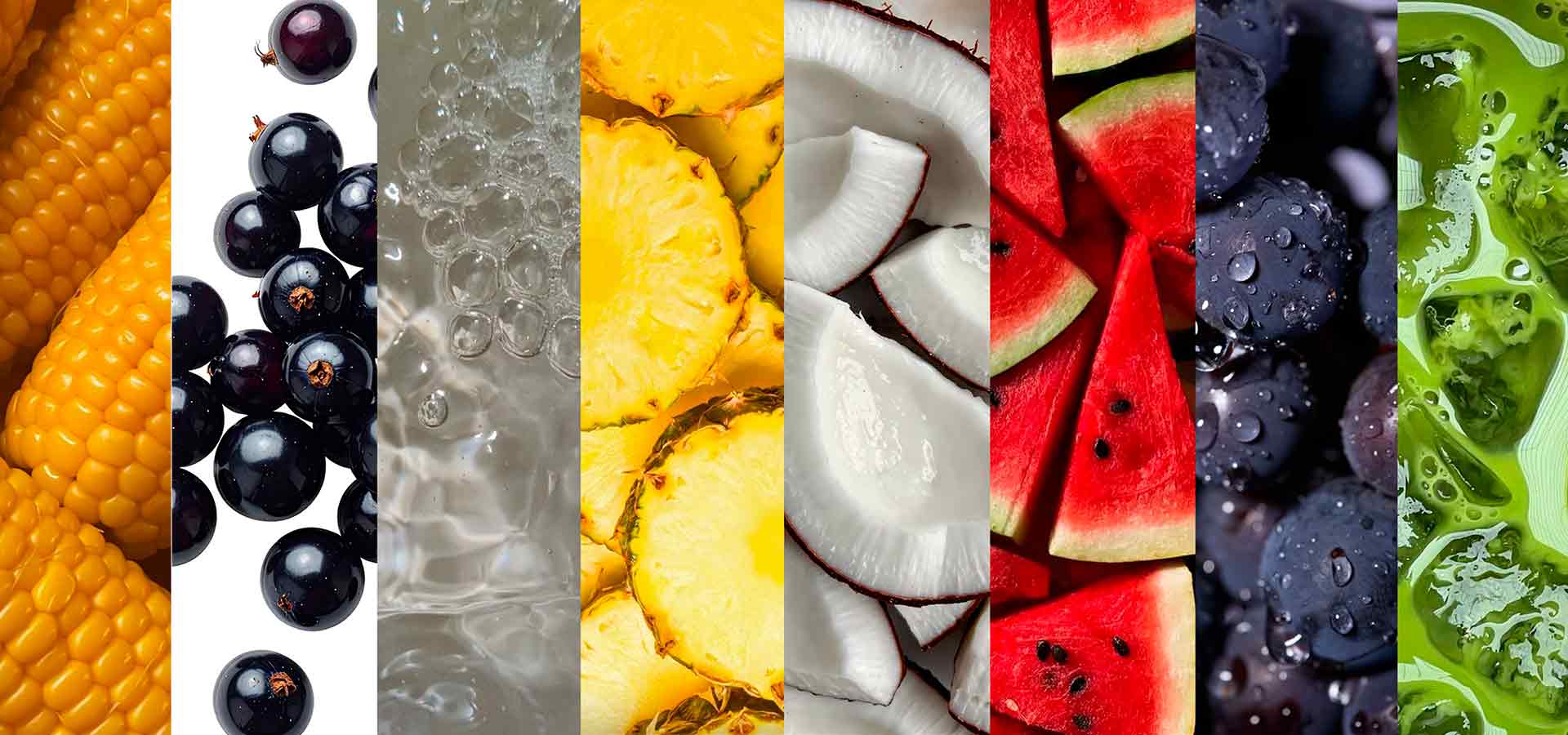 Коллаж пищевых ингредиентов и вкусов: миндаль, лайм, арбуз, кокос, ананас, черника и сочные фрукты